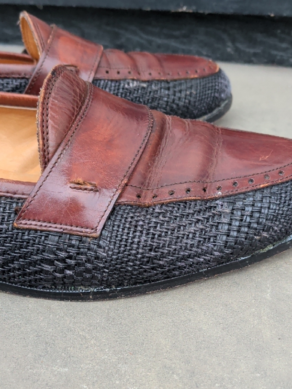 Johnston&Murphy/Made In Italy Men's Brown Leather & Charcoal Woven Penny Loafers - Picture 10 of 14